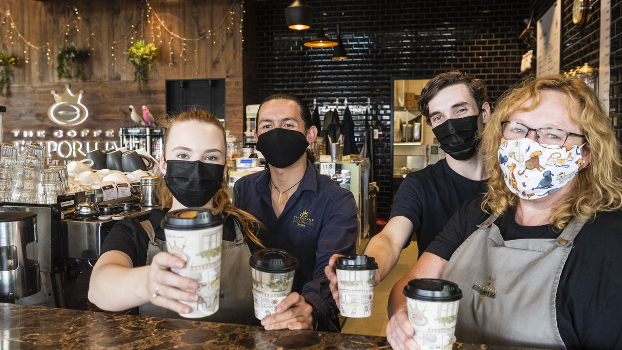 Coffee Emporium staff and owners (from left) Georgia Poole, James Riwaka, Lachlan Hunter and Penny O'Neill as wearing of masks is compulsory in most indoor settings, Sunday, January 2, 2022. Picture: Kevin Farmer