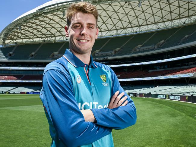 ADELAIDE, AUSTRALIA - JANUARY 15:  Cameron Green of Australia poses for a photo on Adelaide Oval after being named in the Australian side ahead of the Mens Test match series between Australia and West Indies at Adelaide Oval on January 15, 2024 in Adelaide, Australia. (Photo by Mark Brake/Getty Images)