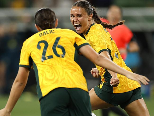 MELBOURNE, AUSTRALIA - DECEMBER 04: Bryleeh Henry of Australia celebrates scoring a goal during the International Friendly match between Australia Matildas and Chinese Taipei at AAMI Park on December 04, 2024 in Melbourne, Australia. (Photo by Daniel Pockett/Getty Images)