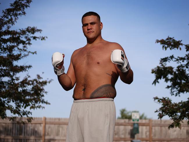 A day in the life of heavyweight UFC fighter Tai Tuivasa before he fights in UFC 225 on the weekend in Chicago, USA. Tai training in the car park of his hotel 90mins out of town. Picture: Sam Ruttyn