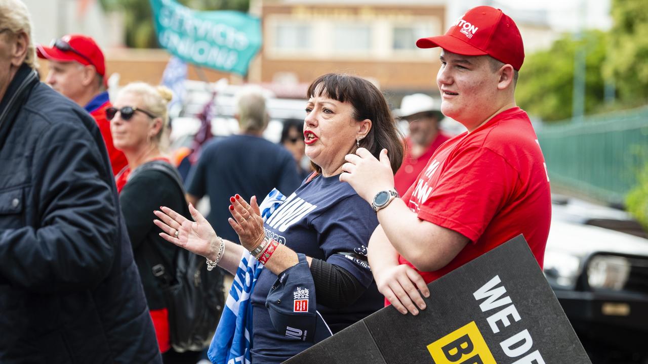 Lisa Banyard and Joshua Bein show support for speakers before the Labour Day 2022 Toowoomba march, Saturday, April 30, 2022. Picture: Kevin Farmer