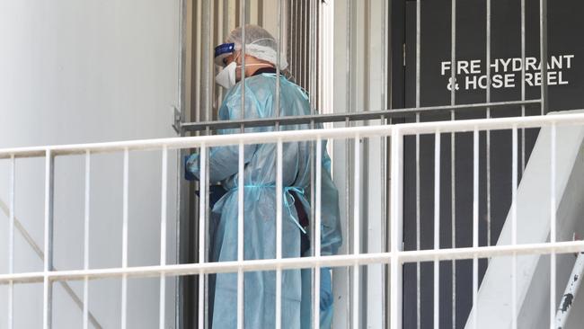 DHHS medical staff at the Broadmeadows housing block. Picture: David Crosling