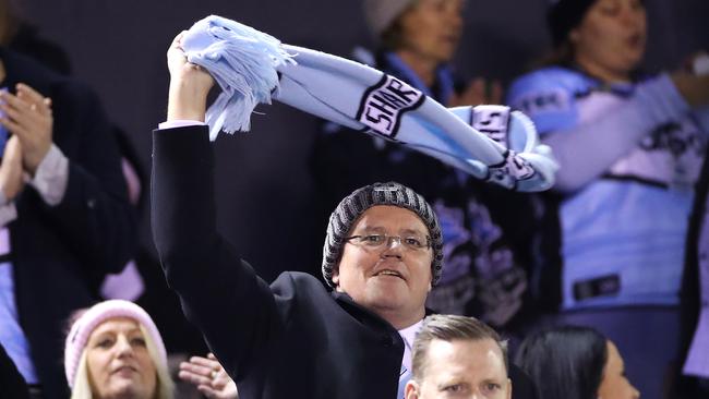 Prime Minister Scott Morrison was on deck to support his Sharks. Picture: Cameron Spencer