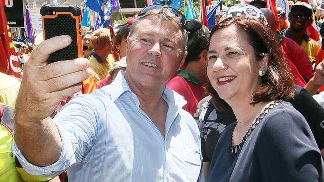 ACTU national  Rally outside Old Parliment House. Premier Annastacia Palaszczuk does a ACTU Selfie with CFMEU  National president construction David Hanna.Pic Glenn Barnes