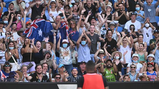 Fans cheer on Nick Kyrgios in a doubles match at this year’s Australia Open. Picture: Getty Images