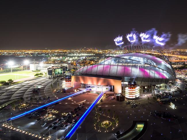 DOHA, QATAR - MAY 19: Fireworks spell out 2022 for the Qatar 2022 World Cup at Khalifa Stadium on May 19, 2017 in Doha, Qatar. Qatar's Supreme Committee for Delivery &amp; Legacy today officially opened Khalifa International Stadium, the first completed 2022 FIFA World Cup venue, five years before the tournament begins. (Photo by Neville Hopwood/Qatar 2022 via Getty Images)