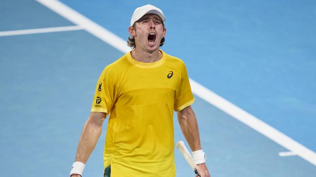 SYDNEY, AUSTRALIA - JANUARY 01: Alex de Minaur of Australia celebrates victory in the Group F match against Billy Harris of Great Britain during day six of the 2025 United Cup at Ken Rosewall Arena on January 01, 2025 in Sydney, Australia. (Photo by Brett Hemmings/Getty Images)