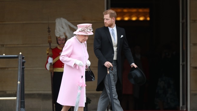 Queen Elizabeth II and Prince Harry, Duke of Sussex, attend the Royal Garden Party at Buckingham Palace. Picture: Getty Images