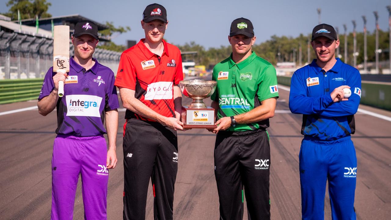 Cricket 365 skippers from left, Mac Wright (Southern Storm), Tom Andrews (Desert Blaze), Alex Bleakley (City Cyclones) and Isaac Conway (Northern Tide). Picture: NT Cricket