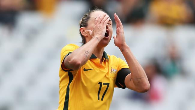 SYDNEY, AUSTRALIA - NOVEMBER 27: Kyah Simon of the Matildas reacts after a missed opportunity on goal during game one of the series International Friendly series between the Australia Matildas and the United States of America Women's National Team at Stadium Australia on November 27, 2021 in Sydney, Australia. (Photo by Matt King/Getty Images)