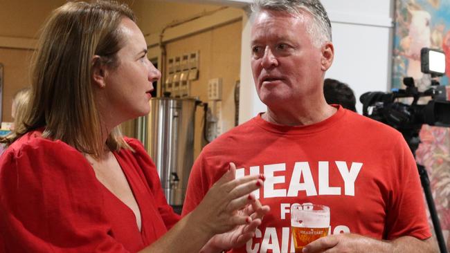 Labor Senator Nita Green and Cairns MP Michael Healy settle in the watch the vote count. Picture: Peter Carruthers