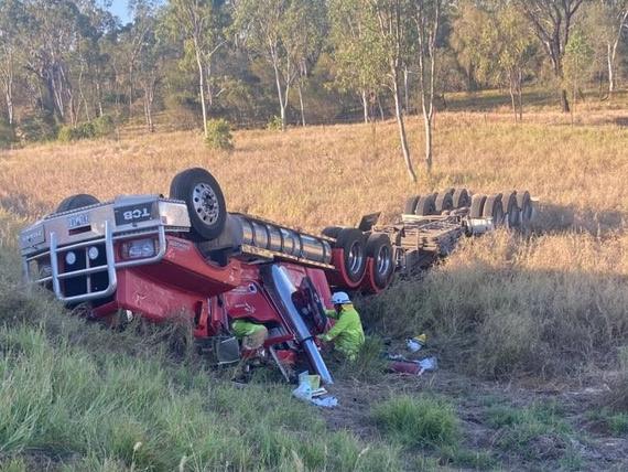 A driver was trapped inside a vehicle for more than an hour with a suspected head injury after a truck rolled at Glenden. September 13, 2021. Picture: RACQ CQ Rescue