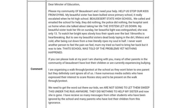 Ivy shared a screenshot of her letter to the Department of Education pleading for action against bullying. Picture: Facebook