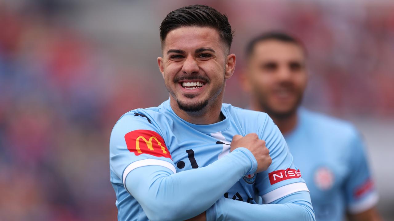 Marco Tilio shows his delight after scoring for Melbourne City against Newcastle. Picture: Scott Gardiner/Getty Images