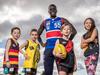 RAMPANT racism at elite and junior sports events has been uncovered in ÒstartlingÓ new research. Western Bulldogs VFL footballer Reuben William is leading the push against racism in sport. Reuben is joined by Jay Knol, 7, Jackson Ramantanis, 8, Hugo Wallert, 7 and Imani, 10. Picture: Jake Nowakowski