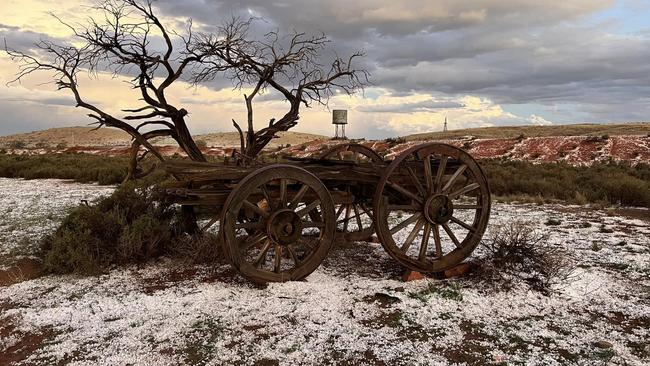 Hail and frost cover the ground at Mt Ive station about 5 hours drive from Adelaide in the Gawler Ranges. Picture: Supplied