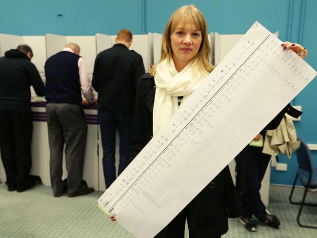 How many votes lodged on Saturday will be ‘other’ votes? Rachael Maundrell, 36, with the huge Senate ballot paper. Picture: Liam Kidston.