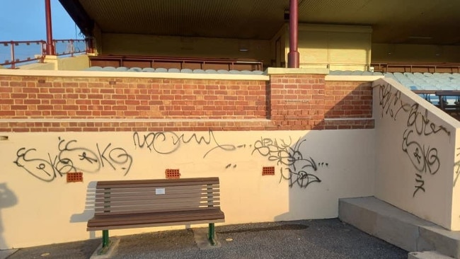 Unley Oval was graffitied after youths allegedly pulled a knife and abused Sturt players and officials during training. Picture: Sturt Football Club