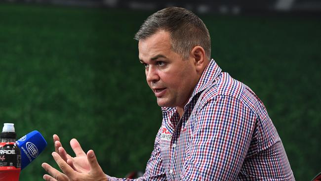 Anthony Seibold speaks to media after the Broncos lost to the Tigers. Picture: AAP Image/Dave Hunt