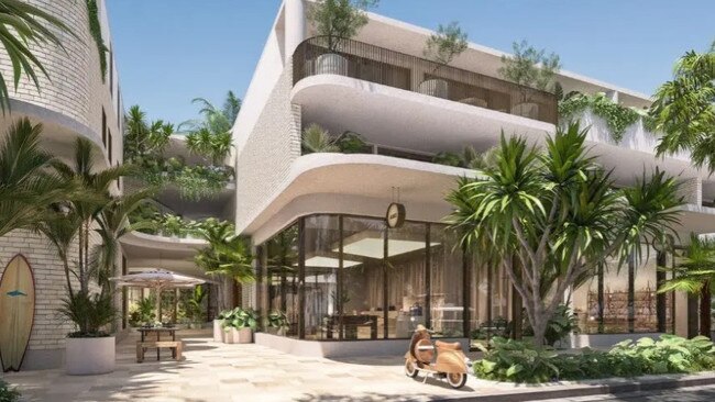 Artist's renderings of JD Property's newest Byron Bay project, the Secret Garden, a three storey multi-use project on the corner of Jonson St and Kingsley St, Byron Bay.