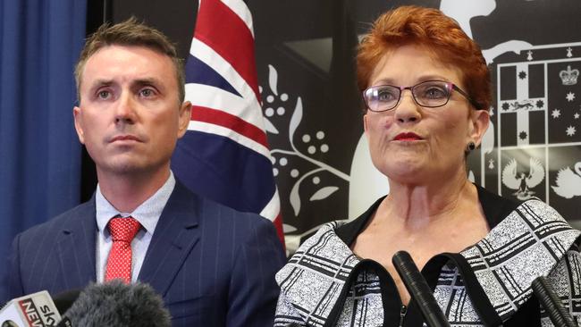 Senator Pauline Hanson holds a press conference with chief of staff James Ashby. Picture: Liam Kidston