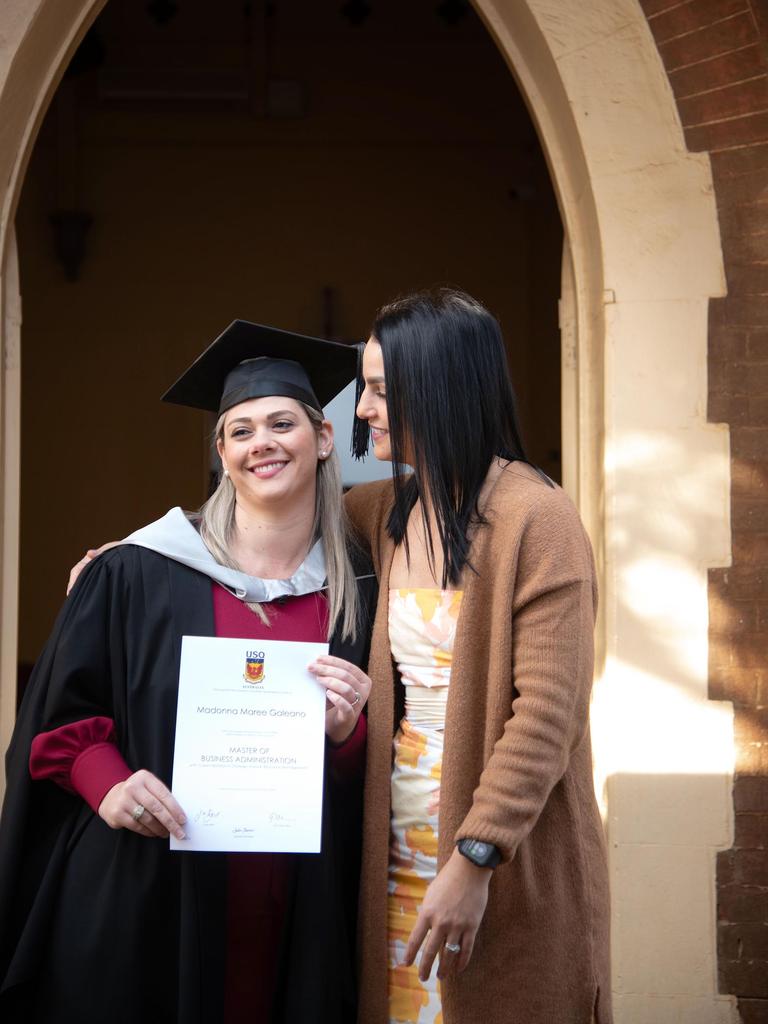 A Master of Business Administration, Madonna Galeano celebrates with Jo Volpe. UniSQ graduation ceremony at Empire Theatre. Wednesday, June 28, 2023