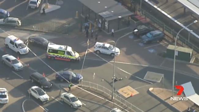 The scene at Campbelltown Station where a man was shot. Picture: 7NEWS