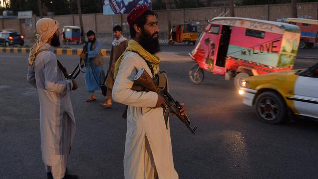 Taliban fighters guarding a road in the Afghan city of Herat. Picture: AFP