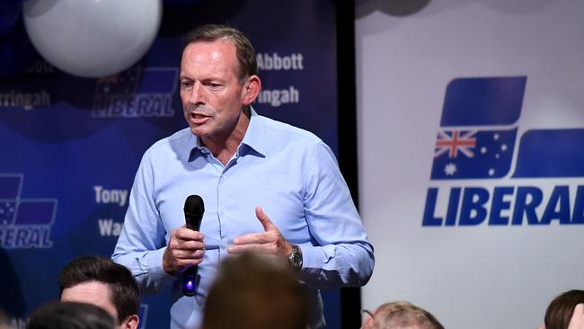 Former Prime Minister and Warringah Liberal candidate Tony Abbott concedes defeat at Manly Leagues Club in Brookvale, Sydney, Saturday, 18 May, 2019. (AAP Image/Bianca De Marchi)