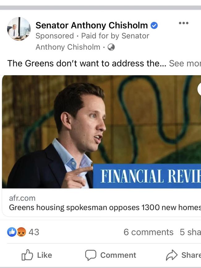 Labor Senator Anthony Chisholm has paid to promote a story critical of Greens housing spokesman Max Chandler-Mather.