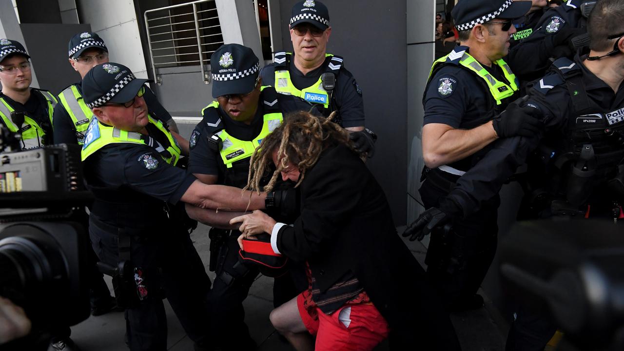 The protesters planned maximum disruption outside the conference. Picture: James Ross/AAP