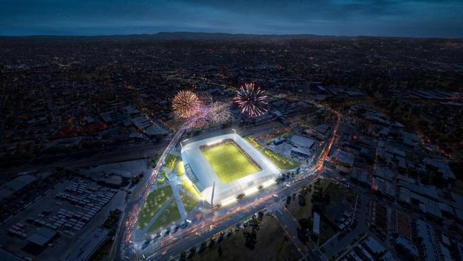 An artist’s impression of the proposed new Dandenong Stadium for Team 11’s southeast Melbourne A-League bid.