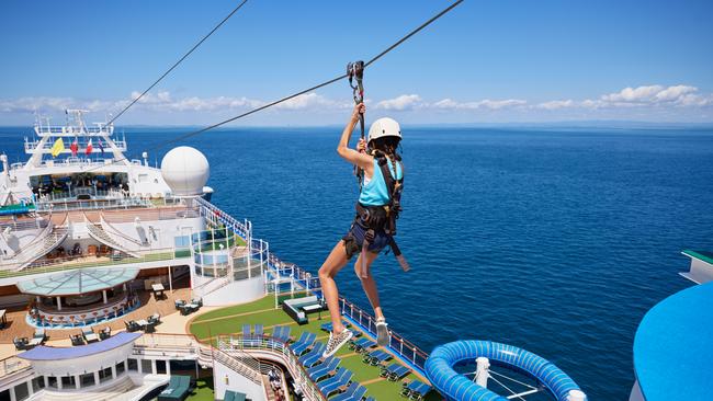 Ziplining across the deck on Pacific Encounter. Picture: P&amp;O Cruises Escape