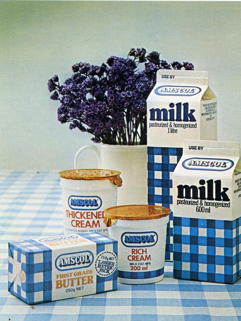 Amscol milk cartons, tubs of cream and a slab of butter, an image taken from the Adelaide Milk Supply Co-Operative Limited’s 54th annual report 1975.