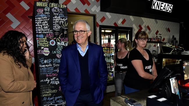 <s1>Prime </s1>Minister Malcolm Turnbull and Country Liberal party candidate for Lingiari Jacinta Price (left) at Wicked Kneads Bakery in Alice Springs. Picture: AAP/Chloe Erlich