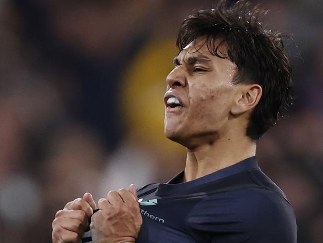 MELBOURNE, AUSTRALIA - JULY 28: Jesse Motlop of the Blues celebrates a goal during the round 20 AFL match between Collingwood Magpies and Carlton Blues at Melbourne Cricket Ground, on July 28, 2023, in Melbourne, Australia. (Photo by Darrian Traynor/Getty Images)