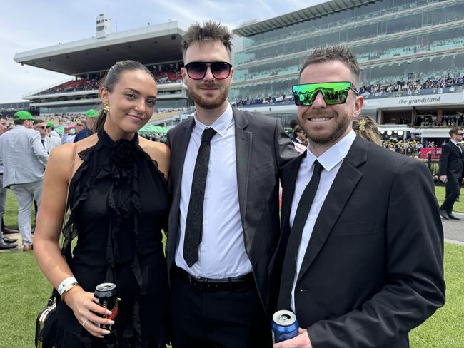 Mikayla Peace, Kyle Horton and Jackson Bell at Flemington for Derby Day on November 2, 2024. Picture: Phillippa Butt