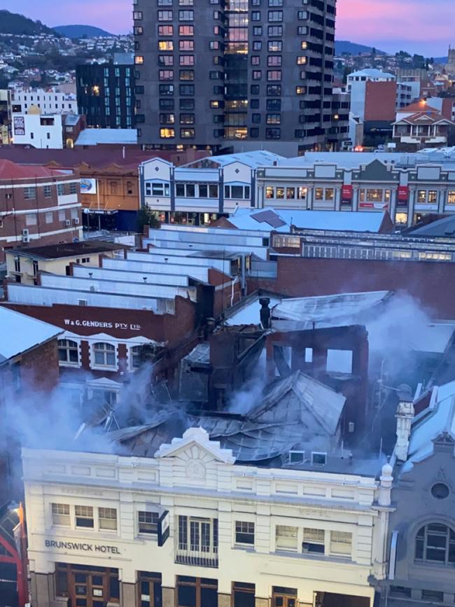 Brunswick Hotel in Liverpool St, Hobart has been destroyed by fire. July 12, 2021. Photo: Henry Marshall.