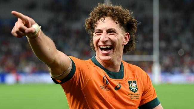 SAINT-ETIENNE, FRANCE - OCTOBER 01: Mark Nawaqanitawase of Australia celebrates victory at full-time following the Rugby World Cup France 2023 match between Australia and Portugal at Stade Geoffroy-Guichard on October 01, 2023 in Saint-Etienne, France. (Photo by Stu Forster/Getty Images) *BESTPIX*