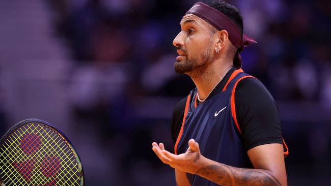 DUBAI, UNITED ARAB EMIRATES – DECEMBER 21: Nick Kyrgios of Eagles reacts in their men's singles match against Grigor Dimitrov of Falcons during day three of the World Tennis League at Coca-Cola Arena on December 21, 2022 in Dubai, United Arab Emirates. (Photo by Francois Nel/Getty Images)