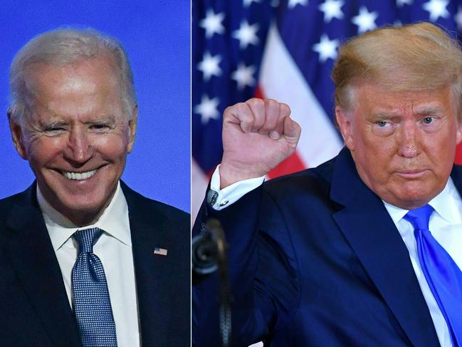 (COMBO) This combination of file pictures created on November 4, 2020 shows Democratic presidential nominee Joe Biden (L) in Wilmington, Delaware, and US President Donald Trump (R) in Washington, DC, both during an election night speech early November 4, 2020. - Biden announced April 25, 2023, his bid "to finish the job" with re-election in 2024, plunging at the record age of 80 into a ferocious campaign that could set up a rematch against former President Donald Trump. (Photo by ANGELA  WEISS and MANDEL NGAN / AFP)