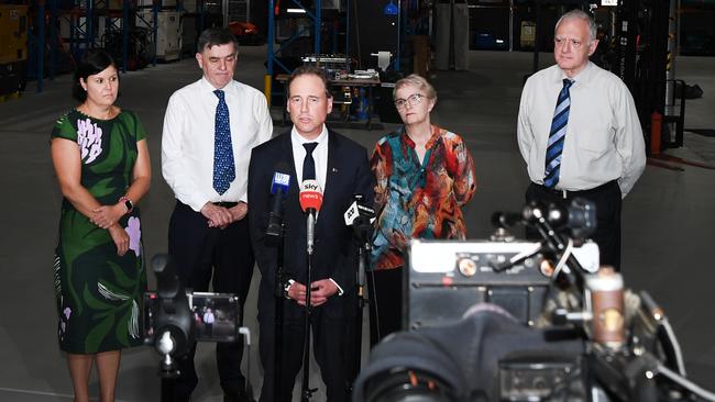 National Critical Care and Trauma Response Centre press conference, NT Health Minister Natasha Fyles Federal Health Minister Greg Hunt[speaking] Chief Medical Officer Professor Brendan Murphy Acting Chief Health Officer Di Stephens National Critical Care and Trauma Response Centre executive director Len Notaras Picture Katrina Bridgeford.