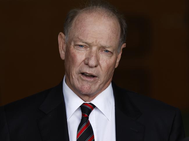 MELBOURNE, AUSTRALIA – AUGUST 19: Essendon Bombers President, David Barham speaks to the media during a press conference at The Hangar on August 19, 2022 in Melbourne, Australia. (Photo by Darrian Traynor/Getty Images)