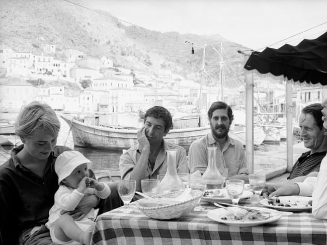 Clift and Johnston with Leonard Cohen, Cohen’s muse, Marianne Ihlen and Ihlen’s baby (plus unknown person) on the Hydra waterfront 1960.