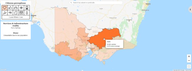 Choose a topic in the top left-hand Citizens Perceptions panel and hover over the map to see the average satisfaction rate for that topic in your chosen area. For example, here you can see the average satisfaction rate for 'I Love Where I Live'.