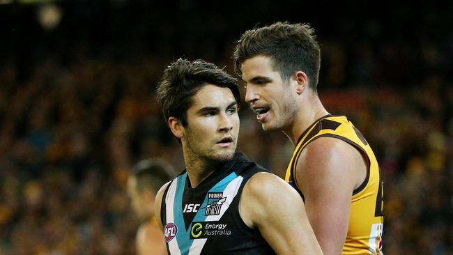 Ben Stratton was right beside Chad Wingard for much of Saturday’s clash. Picture: Colleen Petch