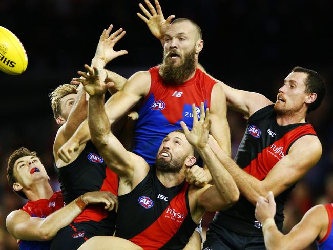 Max Gawn crashed a pack of Bombers.