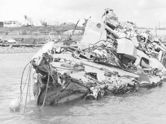 Cyclone Tracy caused major destruction to Darwin. HMAS Arrow in Darwin Harbour after cyclone Tracy. Picture: SUPPLIED