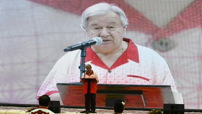 UN Secretary-General Antonio Guterres addresses the opening of the 53rd Pacific Islands Forum in Nuku’alofa, Tonga. Picture: AFP