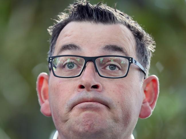 Victorian Premier Daniel Andrews faces the media in reaction to Labor Rorts Report. Special Minister of State Gavin Jennings and Attorney-General Martin Pakula by his side. Picture: Alex Coppel.